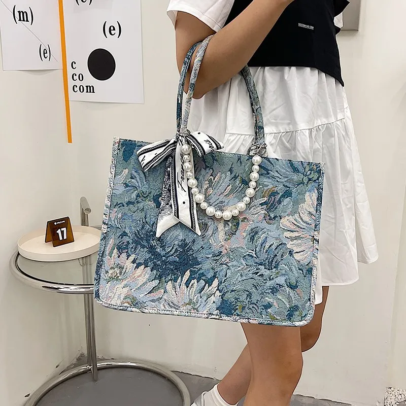 Designer Luxury Canvas Bag Women Large-capacity Handbag 2023 New Fashion Pearl Ribbon Decorative Shoulder Bags Female Tote Bag