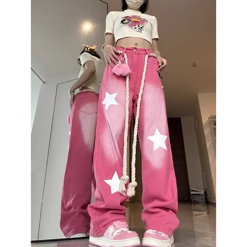 Женские джинсы Deeptown Pink Star Girl Y2K Harajuku Women Cyber ​​Wide Hep Hippie Denim Bants Streetwear Б штата повседневные 90 -х