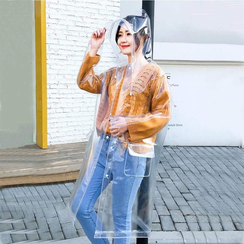 Adulto trasparente eva lungo donna uomo moda giacche impermeabili ragazza moda trasparente con cappuccio impermeabile da viaggio all'aperto cappotti da pioggia 2010269R