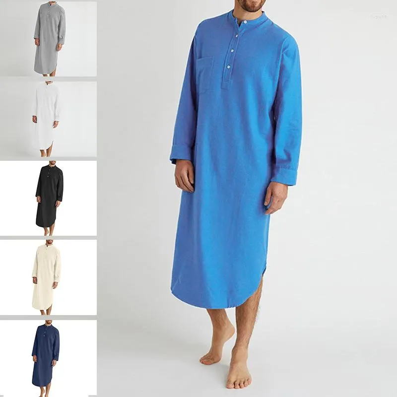 Ethnic Clothing Muslim Mens Robe Long Sleeve Casual Male Abaya Cotton Nightgown Knee-length Arabic Tunic Shirts Black Jubba Thobe White