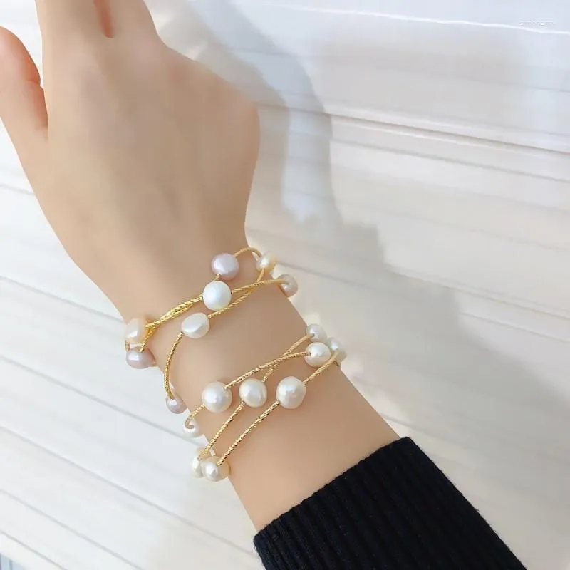 Beaded Strand Light Luxury Barock Fresh Water Pink White Yellow Three Color Real Pearl Armband Female Cross Winding Multi-Layer