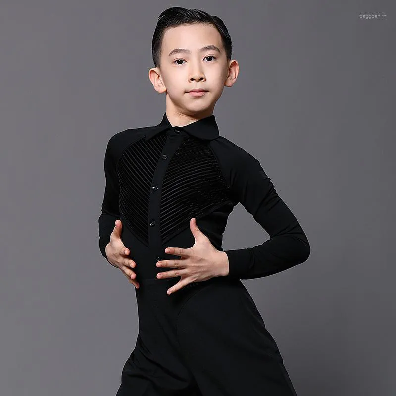 Стадия ношения Boyslatin Dance Costumes Romper Rush Shirt Gym Bodysuit Современная латинская бальная перспектива, танцевальная одежда, дети