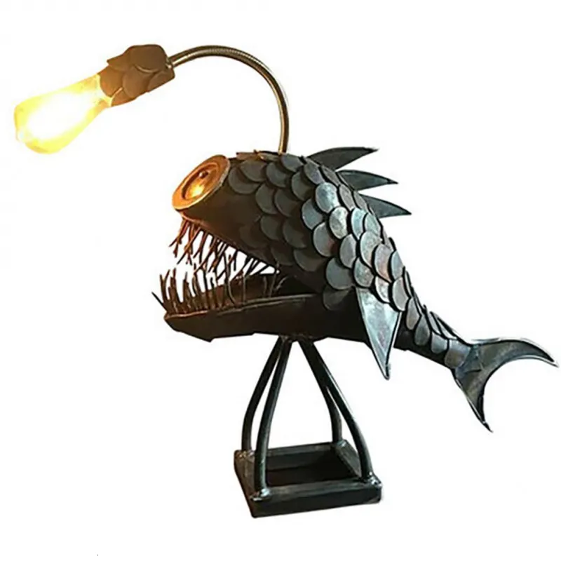 Oggetti decorativi Figurine Lampada da tavolo retrò Angler Fish Light con testa flessibile Lampade artistiche per la casa Bar Cafe Art Ornaments 230801