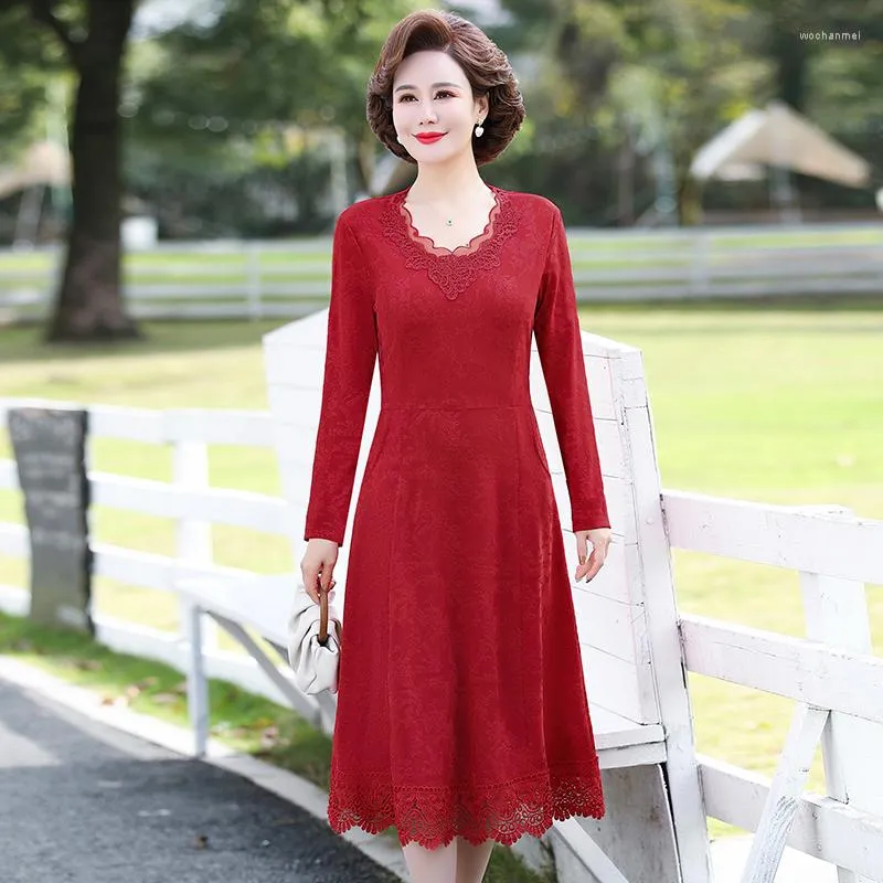 Vestidos Casuais Elegante Renda Vermelha Vestido de Festa de Casamento Feminino Coreano Manga Longa Linha A Plus Size Feminino Vestidos Vintage