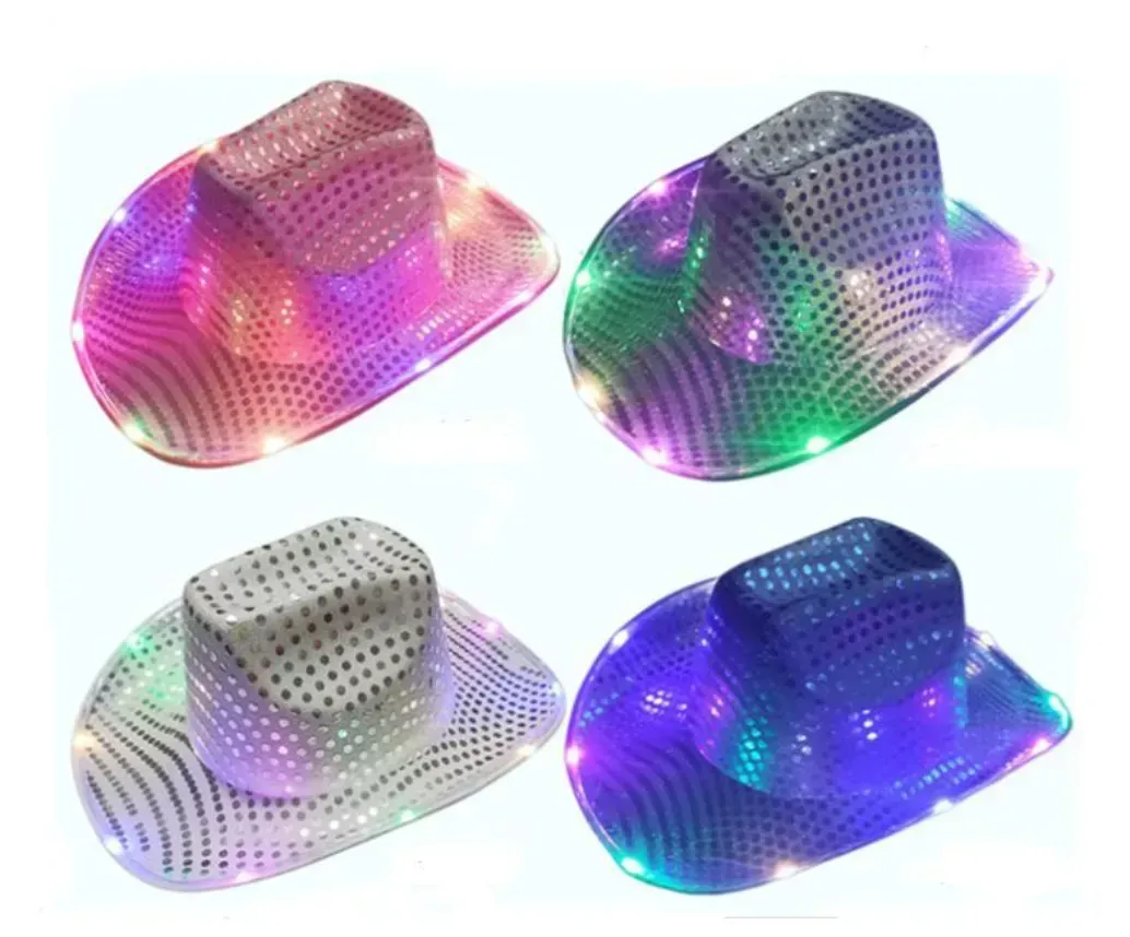 Cowgirl LED Hat Flashing Light Up Sequin Cowboy Hats Luminous Caps Halloween Costume Wholesale