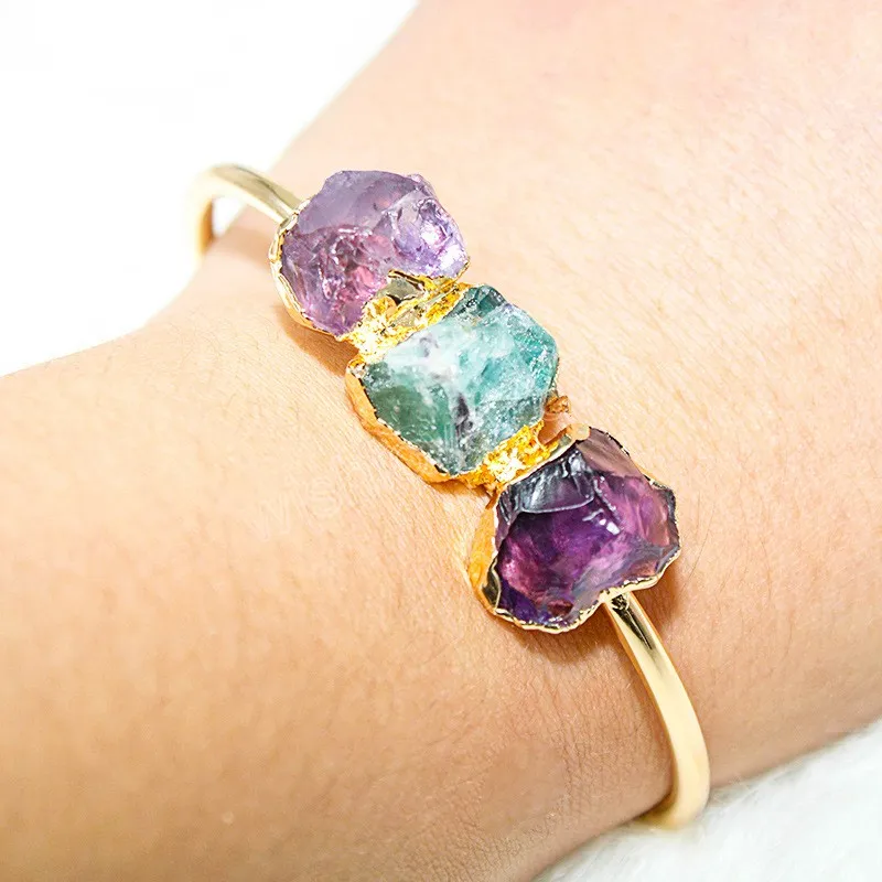 Raw Stone Bracelet for Women Irregular Amethyst Fluorite Handmade Open Cuff Bangle Jewelry with Gold Trim