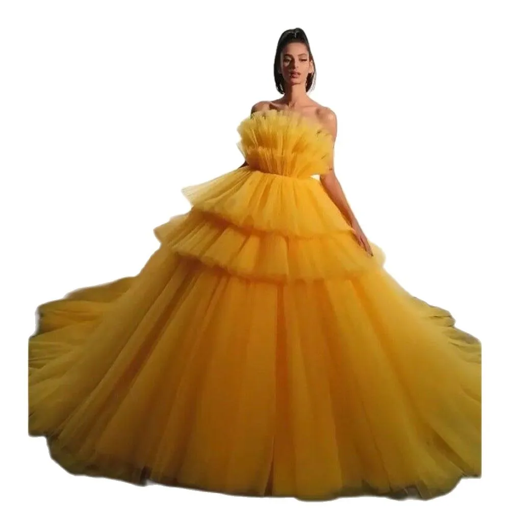 Ball Gown Yellow Square Neck Dress Yellow Strapless Ruffle Tiered Yellow Ball Gown Dress For Women's Ball Gown Yellow Square Neck Dress Yellow Strapless Ruffle Tiered Yellow Ball Gown Dress For Women's