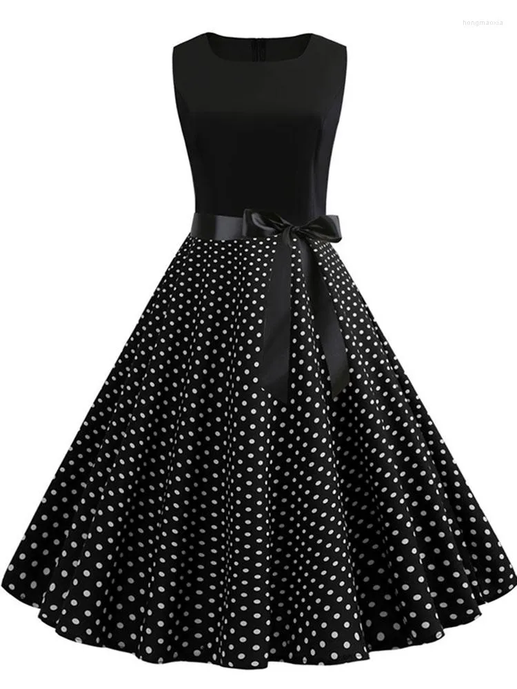 Sıradan Elbiseler 2023 Vintage Siyah Polka Dot Yaz Elbisesi Kadın Çiçek Pin Up Vestidos Robe Femme A-Line Sleeless V Boyun Seksi Parti