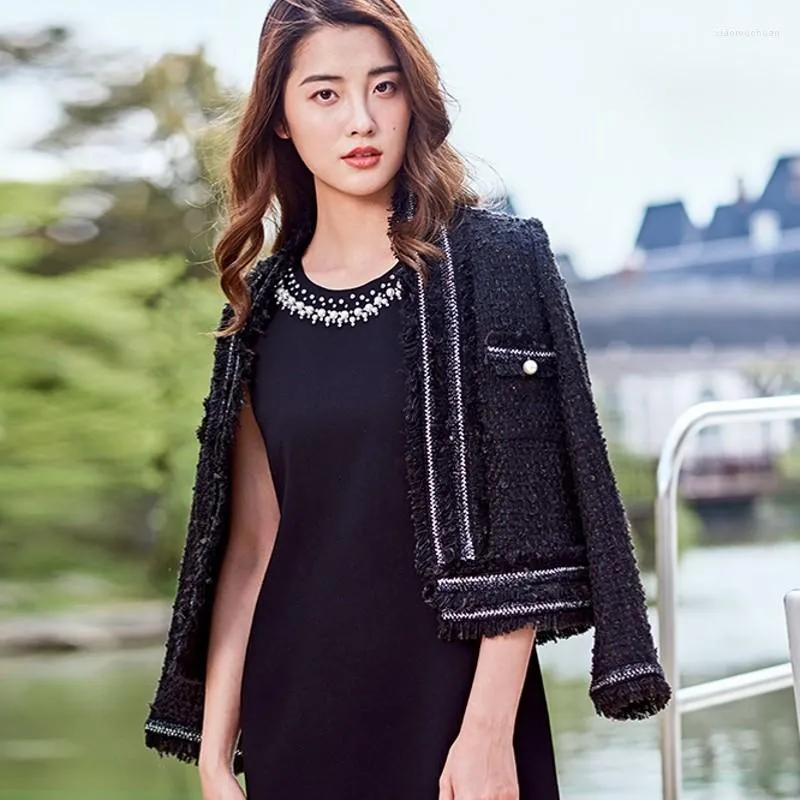 Women's Jackets Black Fashion Wool Jacket Ladies Stand Collar Twill Coats Slim Fit Tassel Short Tweed Woolen Coat Womens Elegant High