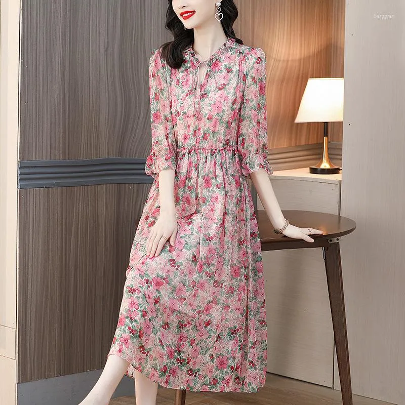 Casual Dresses Women Pink Chiffon Print Light Dress Summer Elegant Party Boho Beach Sundress 2023 Korean