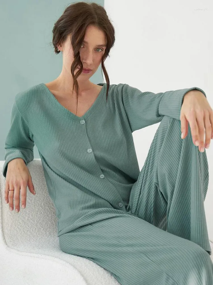 Indumenti da notte da donna Hiloc Abito da casa lavorato a maglia per donna Set con scollo a V Pigiama invernale caldo monopetto maniche lunghe Verde allentato