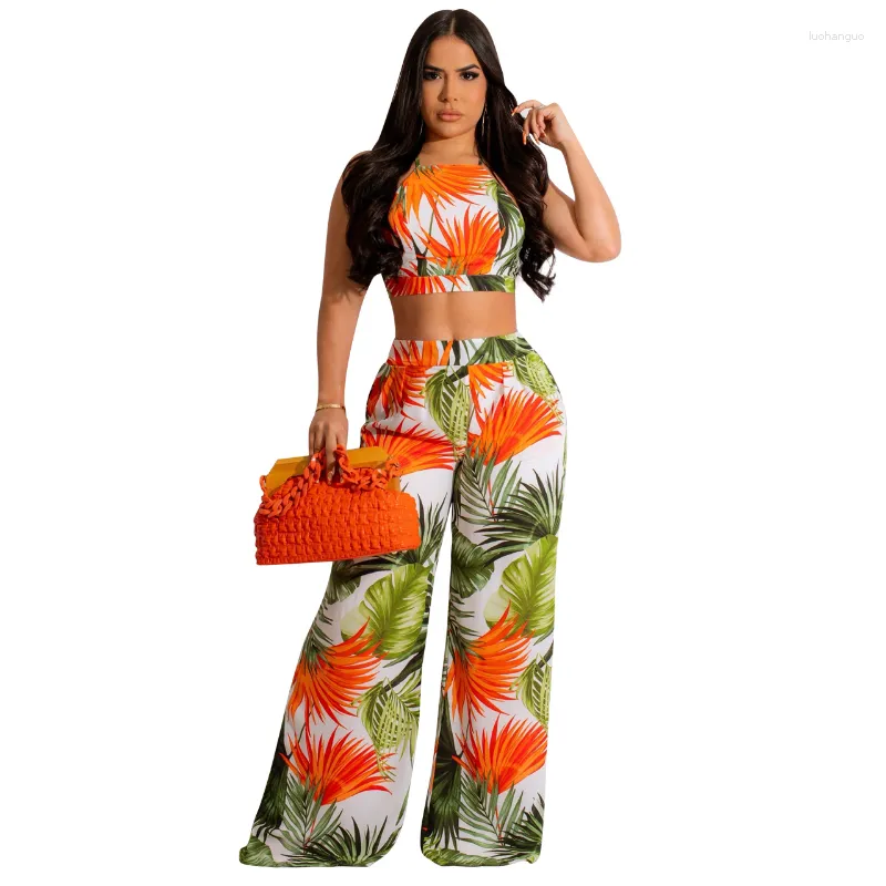 Femme Deux Pièces Pantalon Femme Plage Style Ensemble Sexy Sans Manches Dos Nu Halter Crop Topping Été Décontracté Imprimé Floral Taille Haute Ample Long