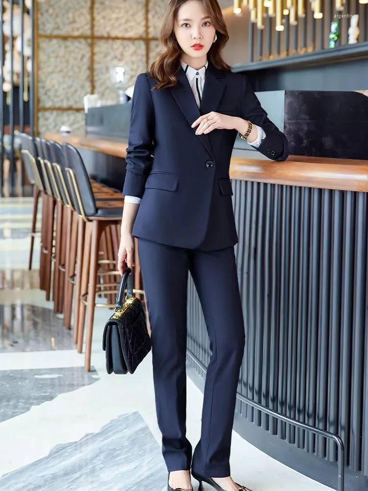 Pantaloni a due pezzi da donna Blazer da donna di qualità Pantalone formale blu navy Fashion Office Lady Blazer con colletto rovesciato alto