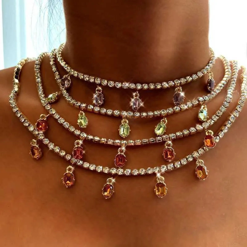 Strengen Mode Luxe Iced Out Crystal Vierkante Choker Ketting Vrouwen Goud Zilver Kleur Strass Tennis Ketting Bruiloft Sieraden 230613