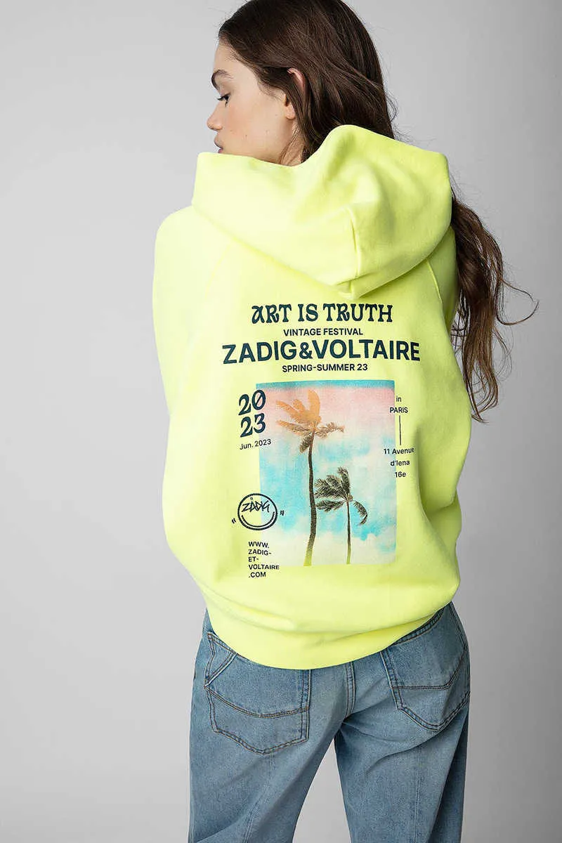 Zadig Voltaire Moletom clássico de algodão puro com asas pequenas, coqueiro, tinta branca, estampa digital, moletom interno de lã com capuz para mulheres, gola redonda, longo