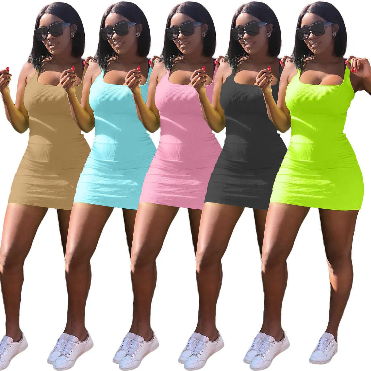 2023 Europe and the United States casual women's solid color big U collar pit strap slim dress female L230711