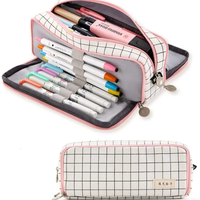 Sacs à crayons grande trousse grande capacité 3 compartiments pochette en toile pour adolescents garçons filles écoliers bande rose grille noire 230802