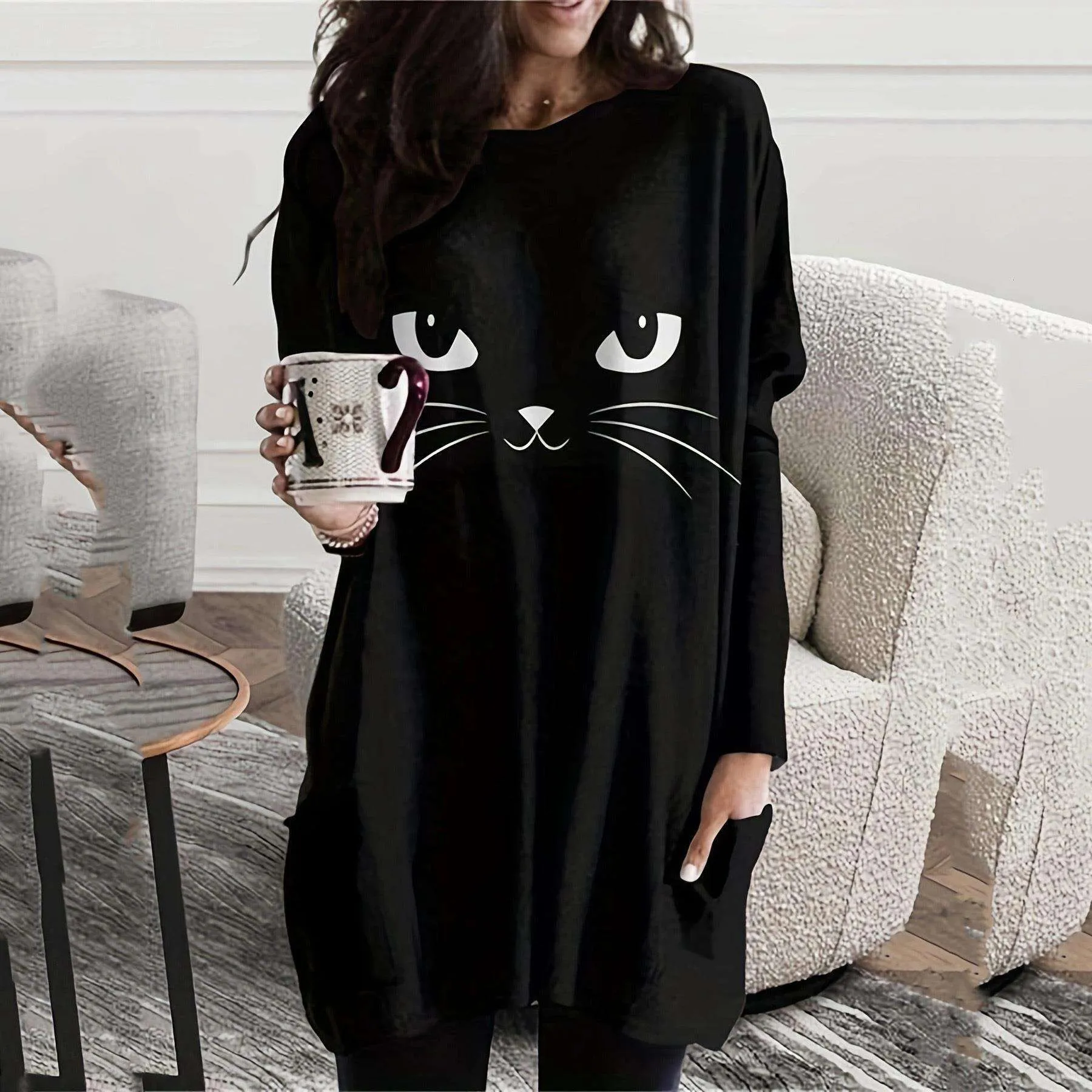 Autumn Pure Color Sweater Round Necklace Long Sleeve Pocket Womens Cute Cat Print Dress