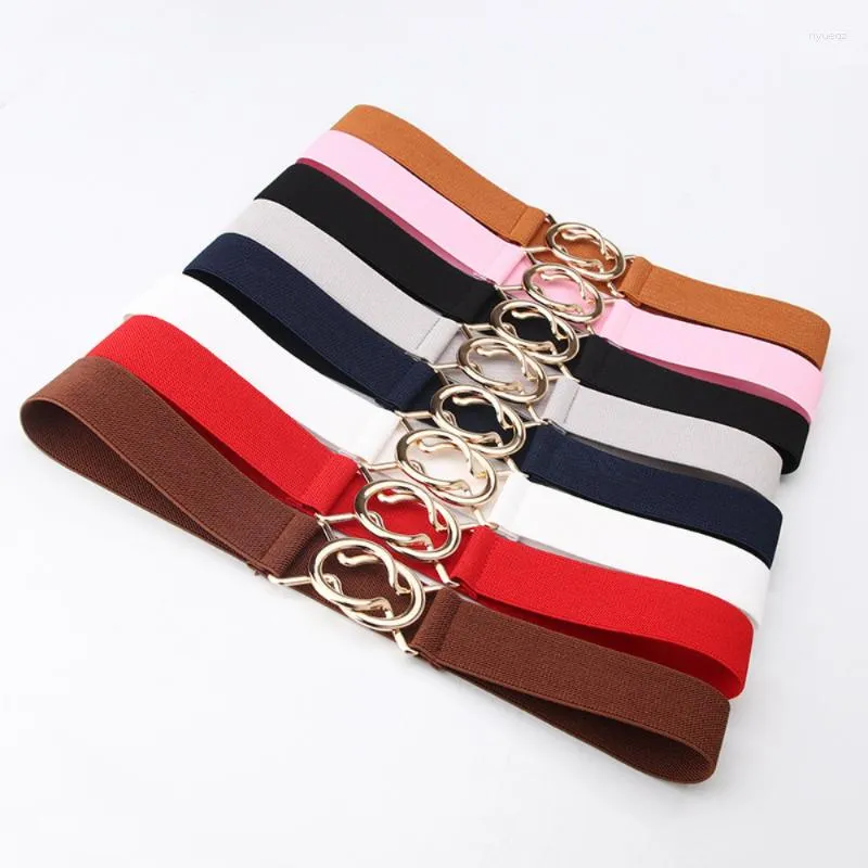 Striped Elastic Waistband With Red Metal Buckle Elegant Womens