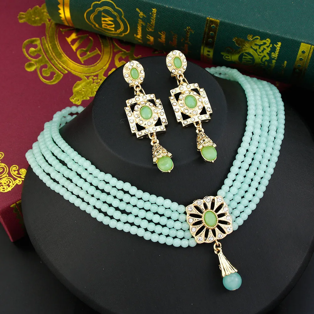 Ensembles de bijoux de mariage Sunspicems couleur or maroc collier ras du cou pour femmes mariée main perle chaîne longue goutte boucle d'oreille ensemble 230801