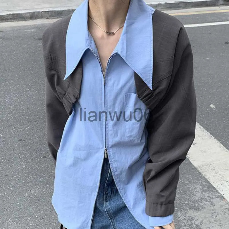 Women's Blouses Shirts Deeptown Vintage Shirt Ladies Blue Zip Up Blouse for Women Korean Style 2022 Fashion Spring Oversized Casual Long Sleeve Tops J230802
