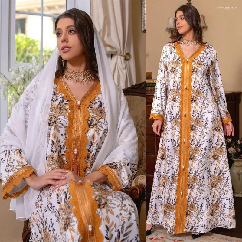 Ethnic Clothing Orange Floral Print Fashion Dress Muslim Lace V-neck Trim Jalabiya White Hijab Set For Women Eid Ramandan Dubai Arabic Oman