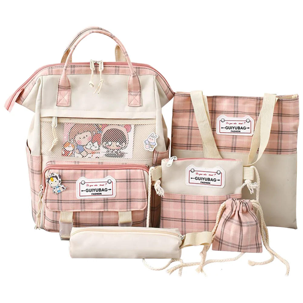 Schultaschen 5 Stück Rucksack Preppy Style Ästhetischer Rucksack Plaid Große Kapazität Canvas Casual Girls Daypack 230801