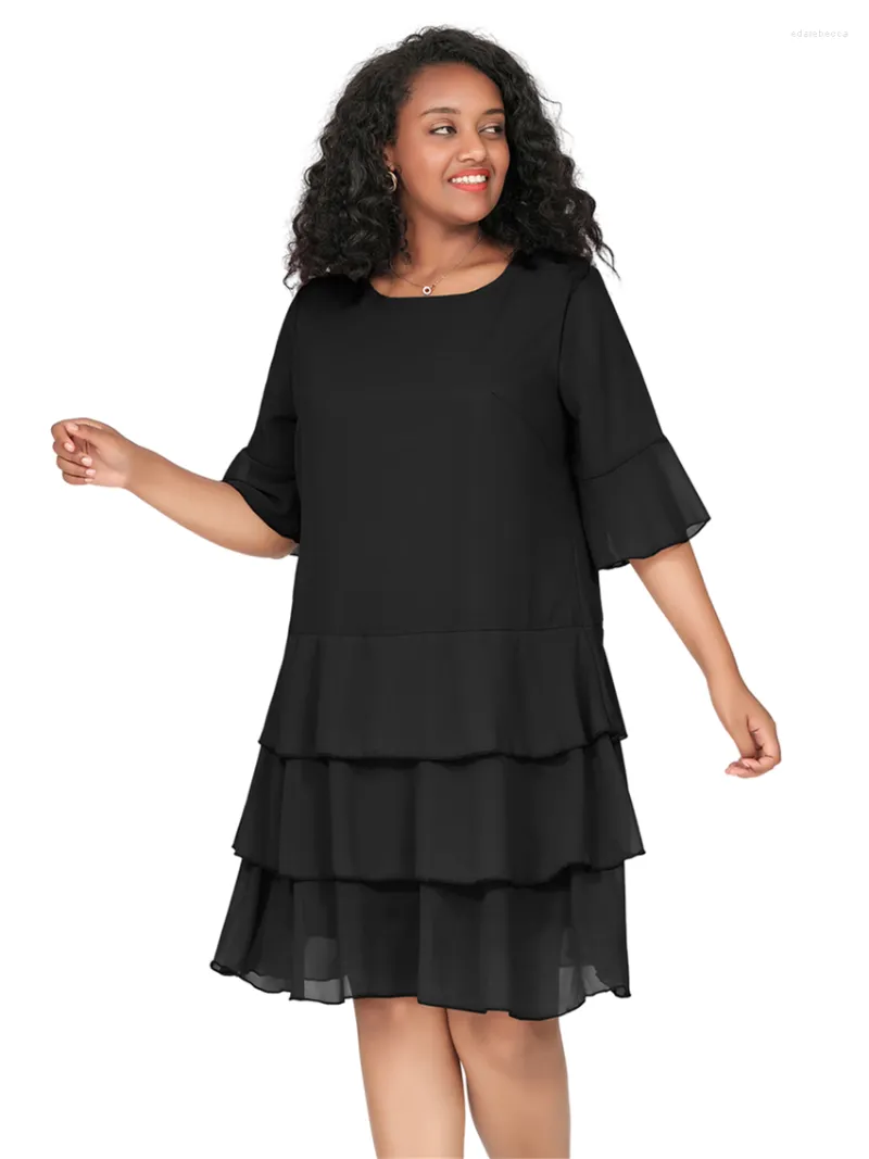 Plus Size Dresses Women's 2023 Summer Casual Dress Ruffle Sleeve Crew Neck Midi Solid Tiered Flowy Chiffon Shift Big