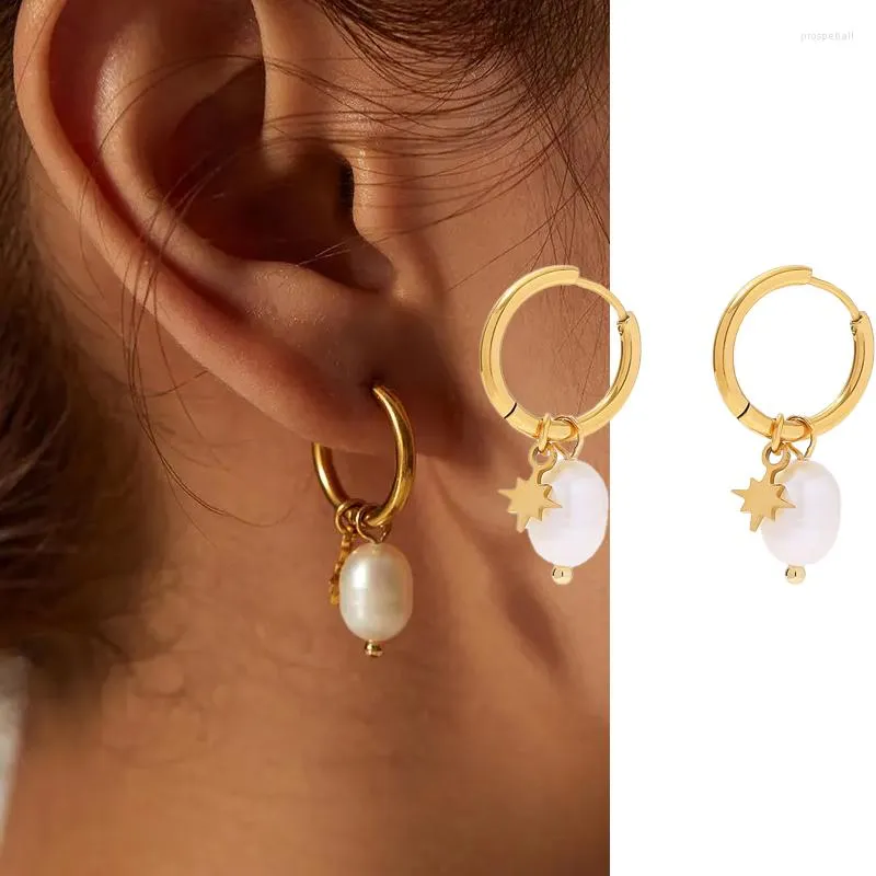 Hoop Earrings Charm Star Freshwater Pearl Drop Earring For Women Stainless Steel Gold Plated Fashion Jewelry Party Gift