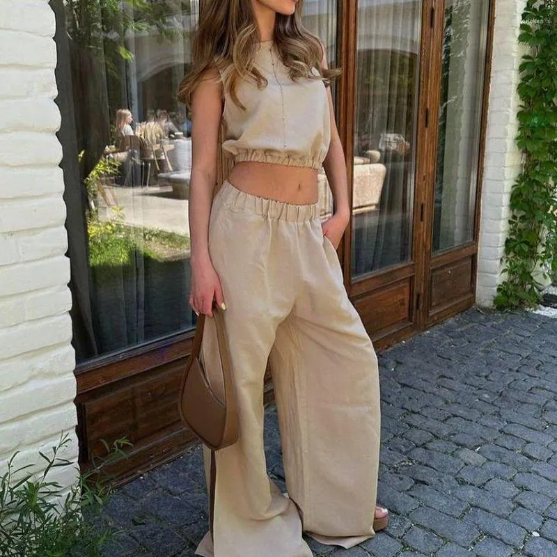 Women's Two Piece Pants Summer Cotton Linen Loose Pant Sets Women Casual Suits Elegant Sleeve Cropped Tops And High Waist Slit Trousers