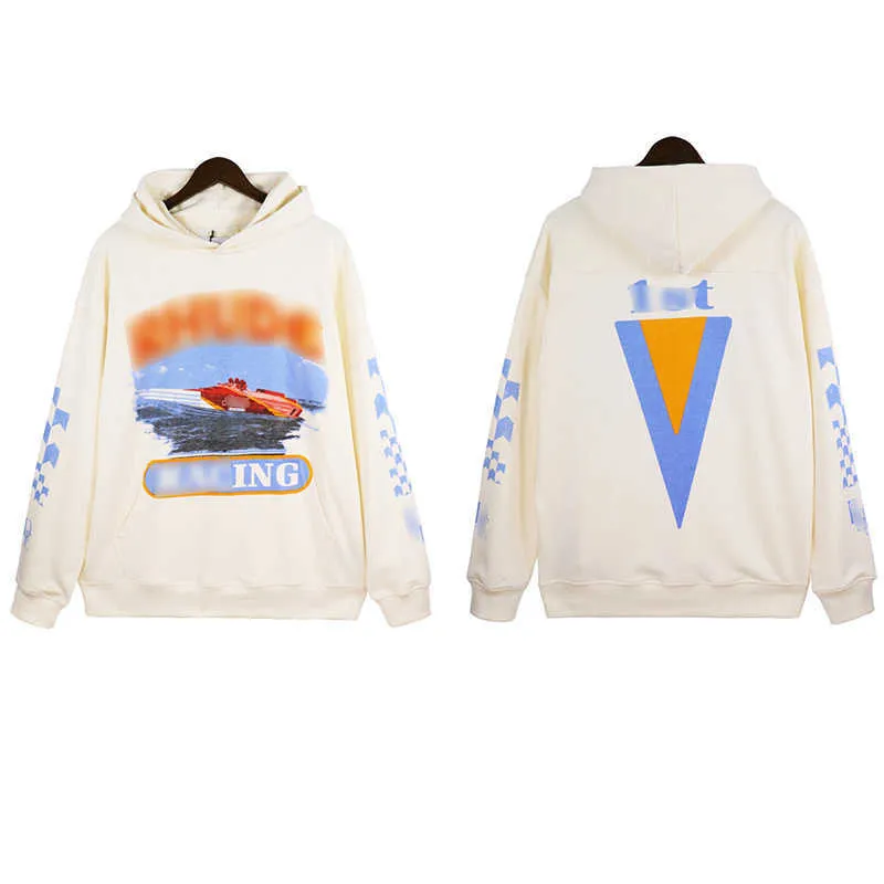 Yacht Print Rhude Slogan Pareja Sudadera con capucha Moda para hombre Ins Otoño e invierno Top Coat