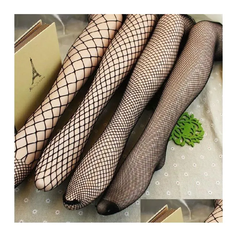 Chaussettes Bonneterie Collants en maille noire Femmes Y Fish Net Collants Femme Longue Cuisse Haute Bas Sur Le Genou Médias Drop Livraison Appar Dh5Op