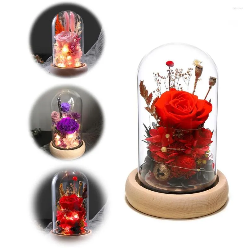 Flores decorativas, regalo del Día de San Valentín para novia, caja de cubierta de cristal con luz LED de rosa eterna, adorno para madre, recuerdo de boda, dama de honor