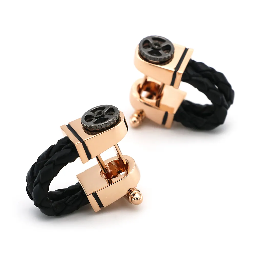 Cuff Links Men's Luxury Cufflinks Rose Gold Plating Black Leather Chain Design With Vintage Gear Quality Business 230801