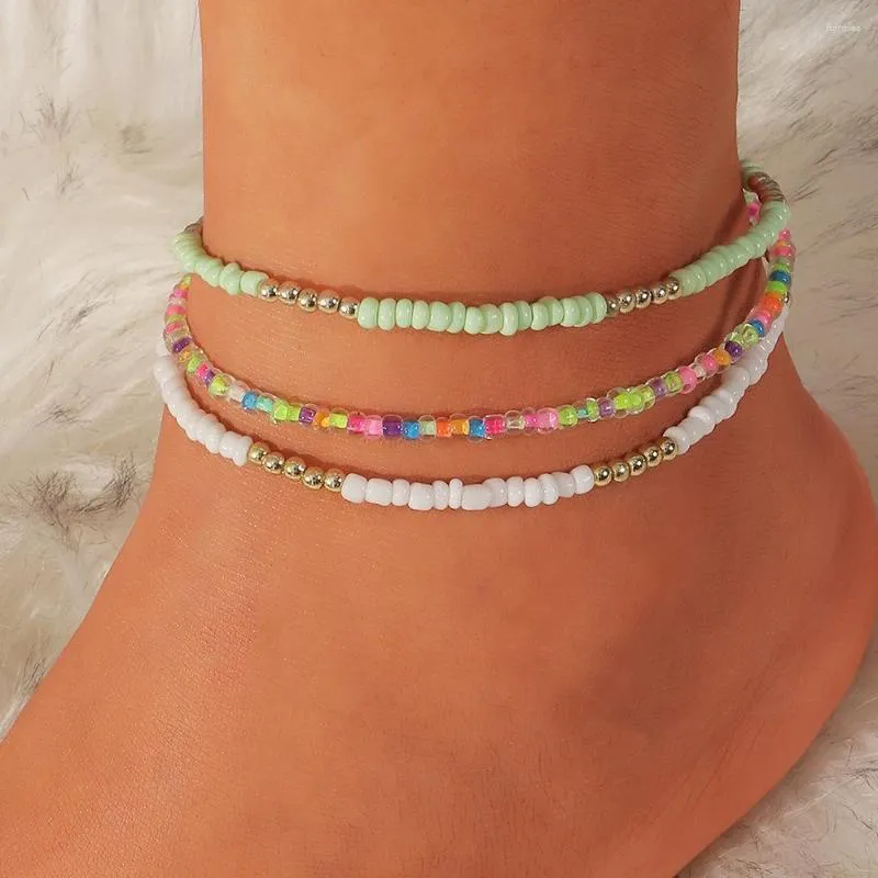 anklets 3pcs/setミックスカラーライスビーズロブスター留め物