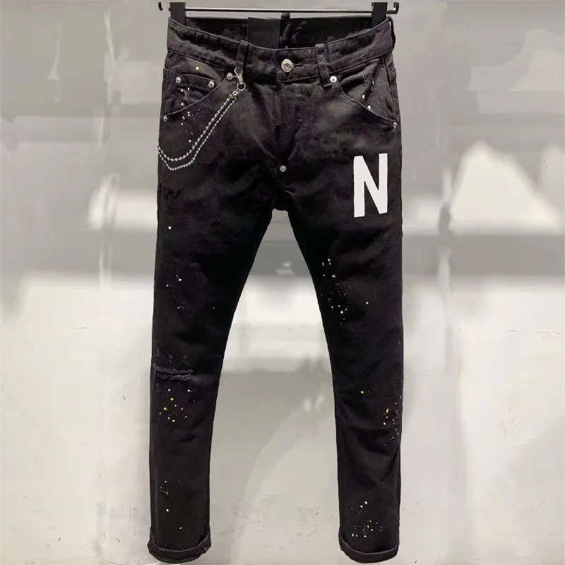 Mens Jeans Designers Womens Black Ripped Pants Fashions Patchwork rakt mager fit nödställda rivna hål Pantaloner Långa denim Youth Slim Byxor