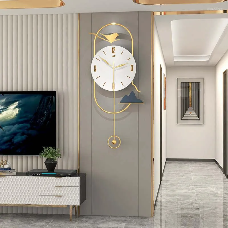 Relojes de pared, reloj grande con péndulo, diseño de pájaro de Metal, colgante creativo moderno, decoración del hogar para sala de estar, reloj dorado