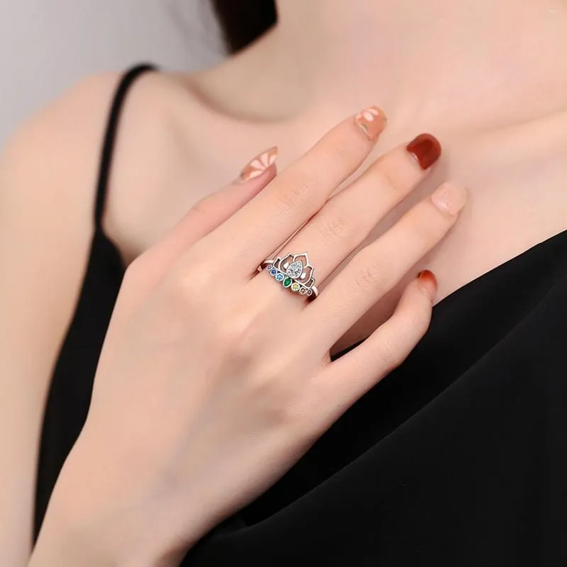 Cluster Rings 925 Sterling Silver Vintage Lotus Flower For Women Colorful Zircon Promise Ring Female Fine Jewelry Drop