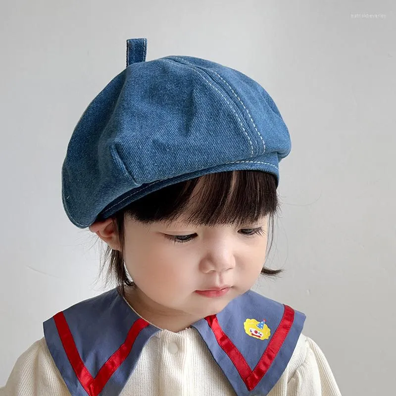 Baretten Retro Kids Baret Eenvoudige Effen Kleur Denim Baby Pompoen Hoed Koreaanse Hiphop Veelzijdige Achthoekige Cap