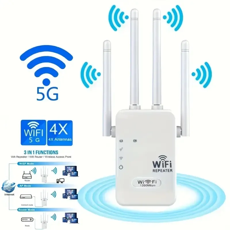 1200MBPS 2.4G/5G 듀얼 밴드 무선 인터넷 WiFi 리피터/라우터/AP 신호 부스터를위한 대규모 커버리지 및 신호 증폭기