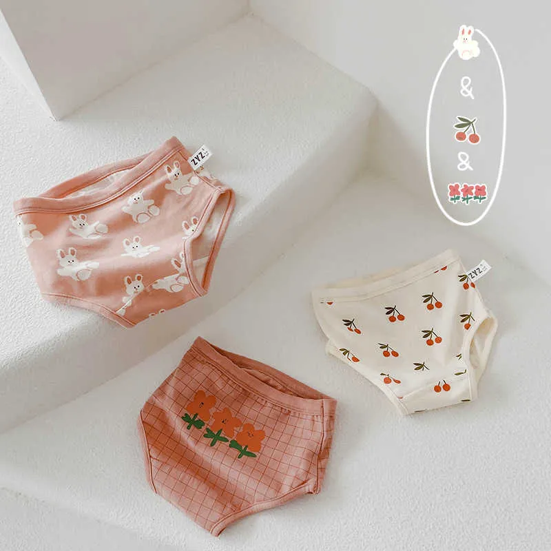 3Pcs Children's Cotton Cherry Flower Boxer Briefs, Cute Cartoon Girls  Underwear, Summer Underwear