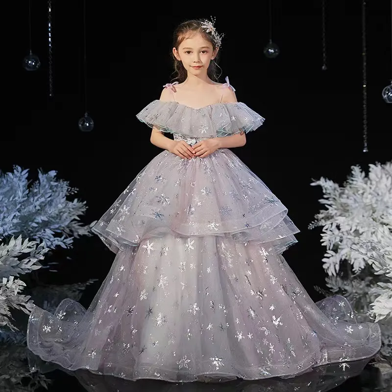 2023 vestido fofo da menina das flores para casamentos princesa brilhante marfim trem longo vestido de baile de renda puffy pageant festa meninas primeira comunhão santo vestido de aniversário de natal