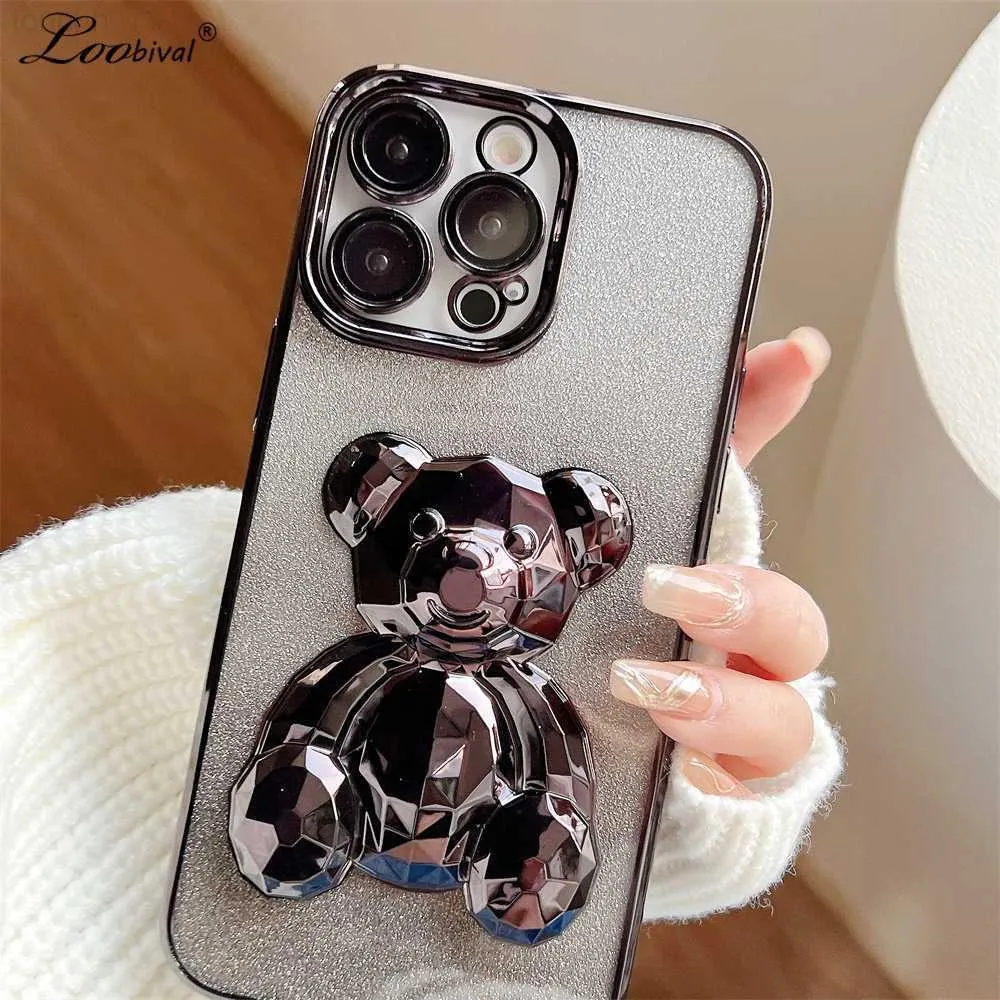 Cell Phone Cases Cute Cartoon Plating 3D Bear Phone Cases for iPhone 11 12 13 14 Pro Max 14 Plus Luxury Glitter Transparent Silicone Back Cover L230731
