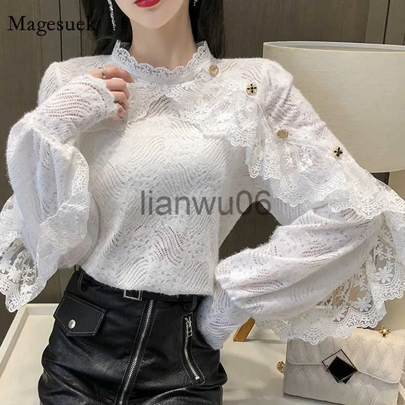 Women's Blouses Shirts New Crochet Lace Blouse Women Chic Ruffle Lace Stitching Shawl Ladies Stand Collar Tops 2021 Spring Long Sleeve Slim Shirt13025 J230802