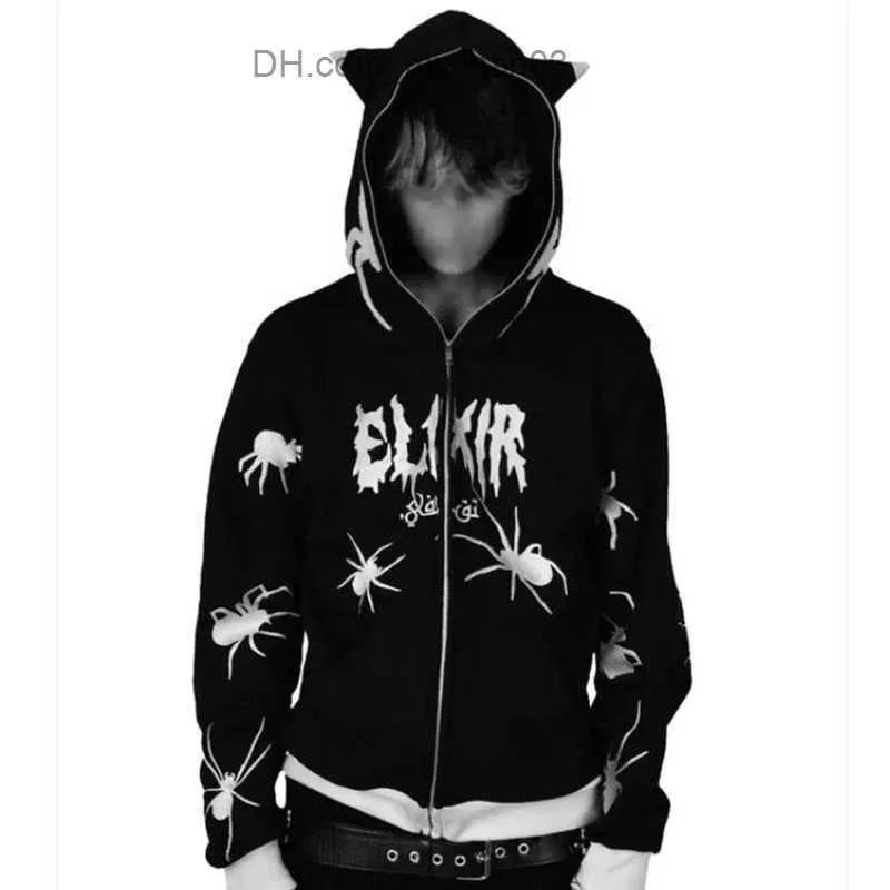 Erkek Hoodies Sweatshirtler Yeni Örümcek Kapşonlu Hoodie Harajuku Kalın Vintage Grunge Y2K Street Kostüm Sonbahar Kış Örümcek Web Kadınlar Gevşek Gevşek Sweatshirt Z230802