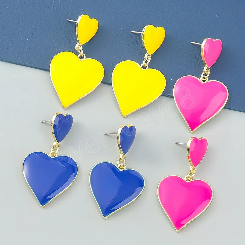 Rose Blue Yellow Drop Heart Earrings for Women Fashion Romantic Double Layered Love Heart Dangle Earrings Wedding Jewelry