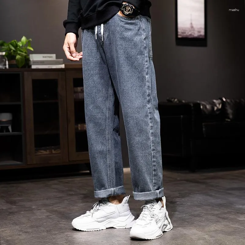 Heren Jeans Denim Trend All-match Hong Kong Style Losse rechte broek Elastische taille Tie Rope Tide Brand Long