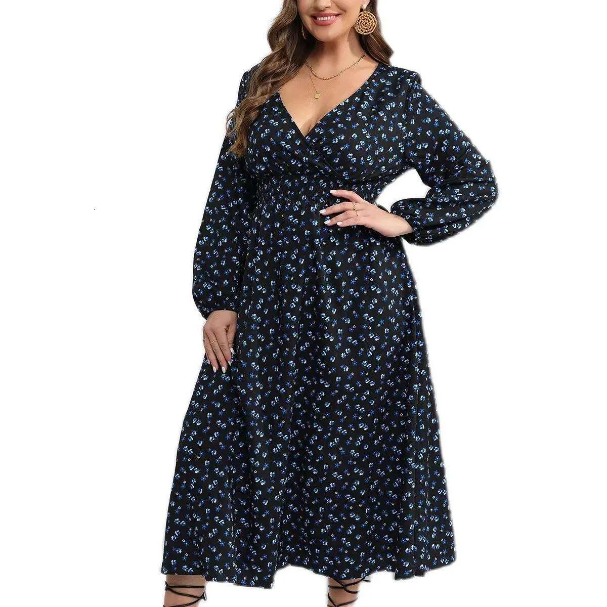 Item Title L Size Womens Clothing Autumn And Winter Fashionable Casual Floral V Neck Long Sleeved Dress