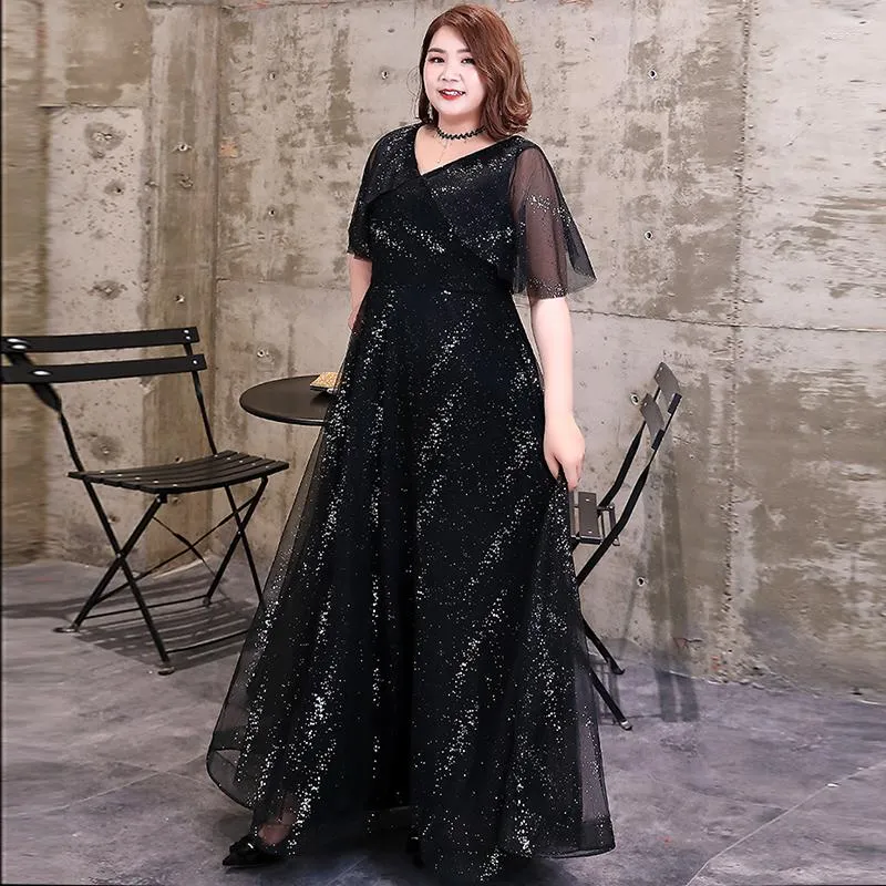 Party Dresses Black Evening Long Plus Size Floor-Length A-Line Lace Up Half Sleeves V-Neck Simple Sequined Elegant Dress D024