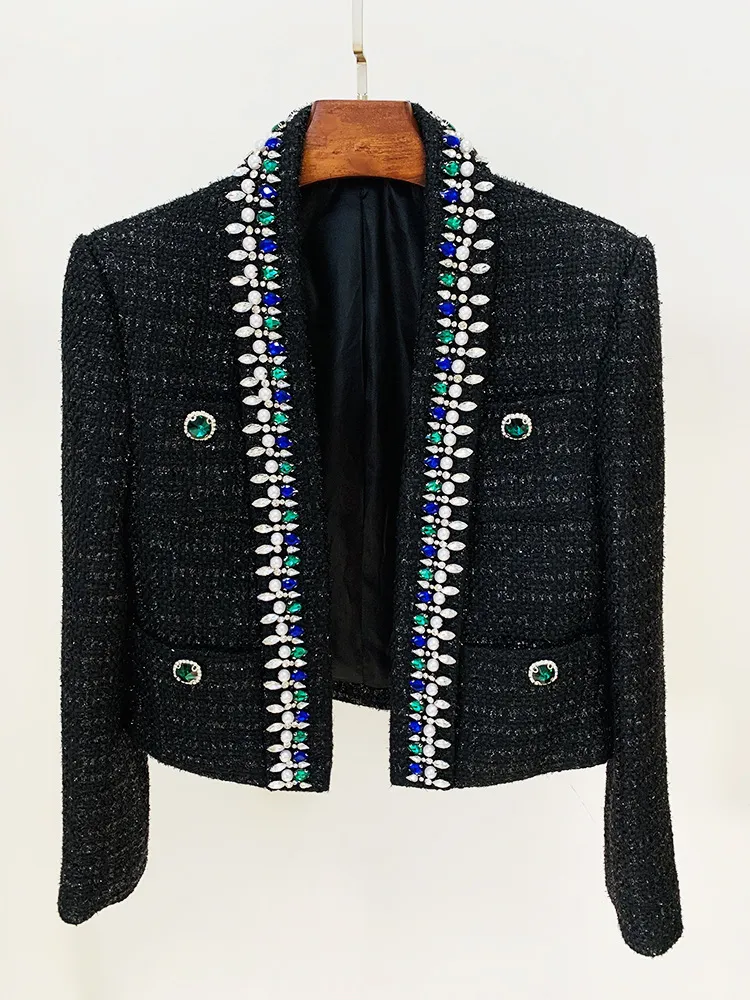 2023 Black Women's Blazers Designer Crystals Beads Woolen Short Jackets 001